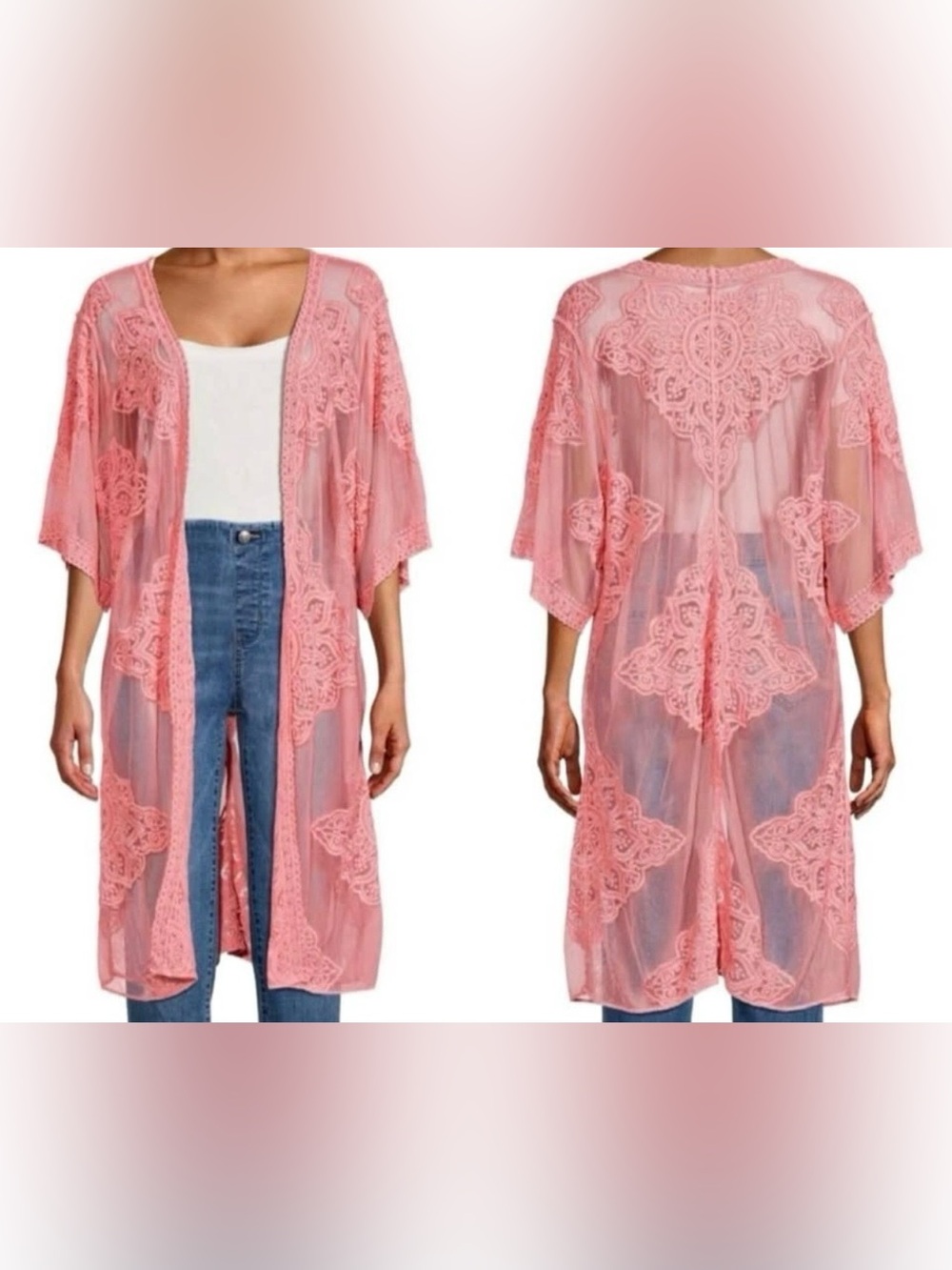 Boho Sheer Pink Embroidered Duster Kimono Vest Coverup